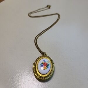 Vintage Locket Necklace Gold Tone Brass Floral Painted Porcelain Etched 2 sided